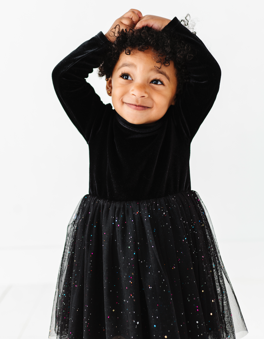 Bird Bean Kids Christmas Dress Girls Black Velvet Holiday Dress