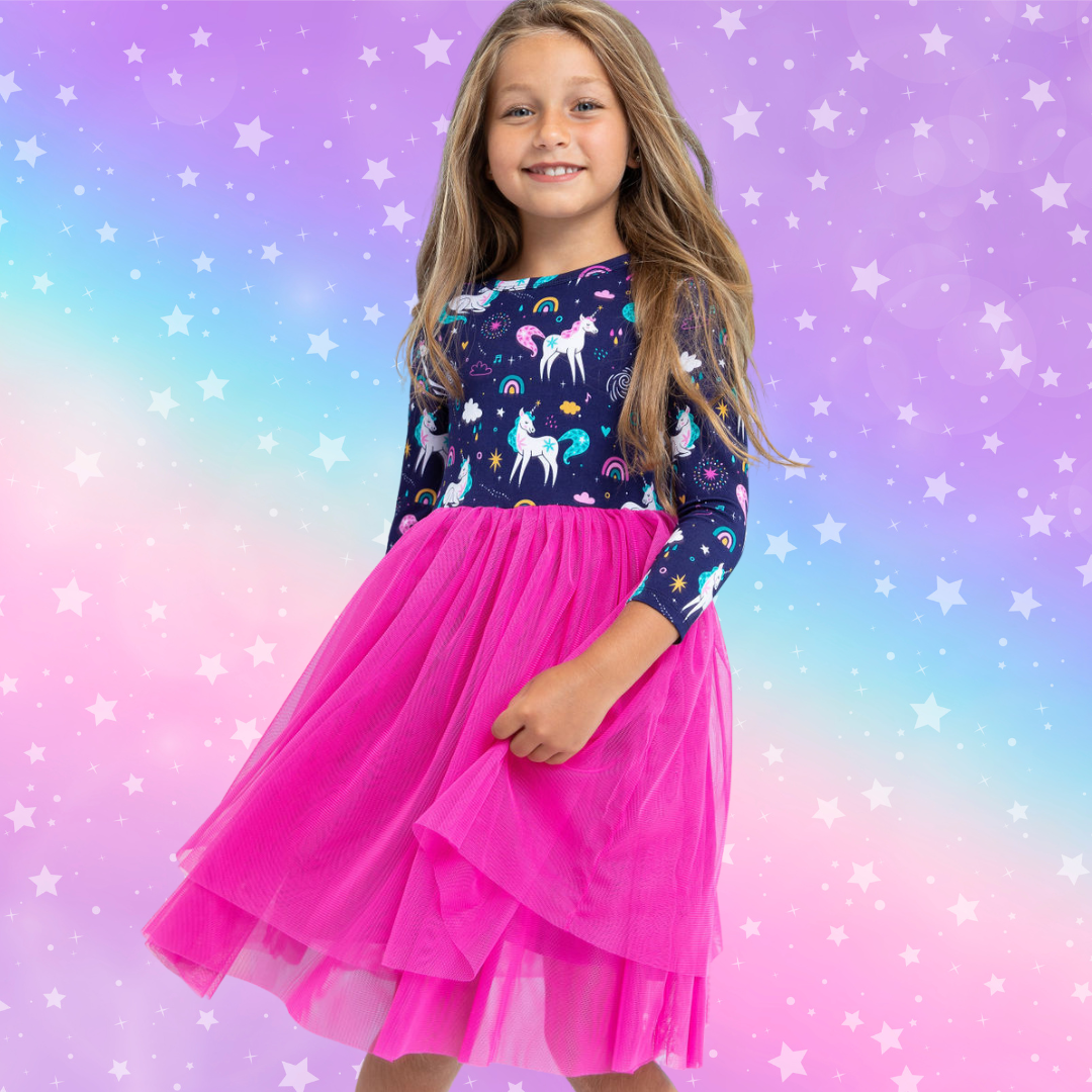 Bird & Bean® - Kids Bamboo Tulle Tutu Dress - Twilight Unicorn Girls Dress