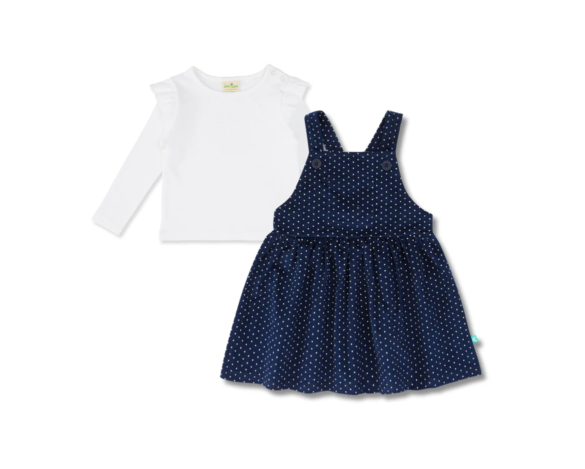 Juscubs - Navy Polka Dot Dungaree Dress and Basic White Ruffle Long Sleeve Tee Set