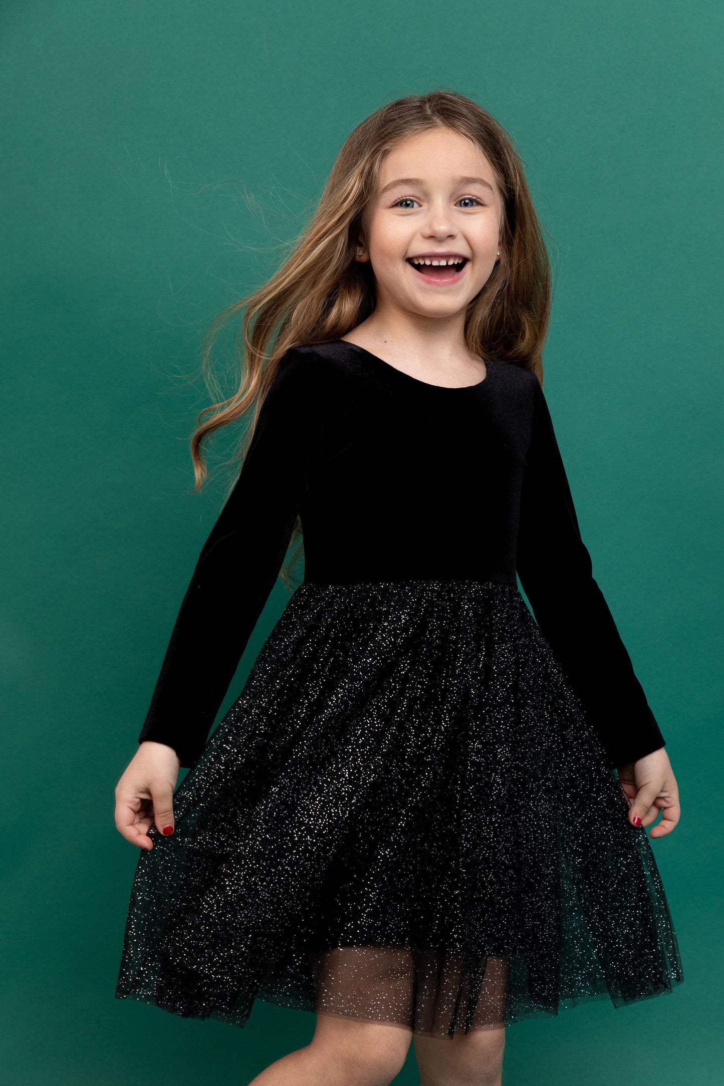 Bird & Bean® - Kids Christmas Dress - Girls Black Velvet Holiday Dress