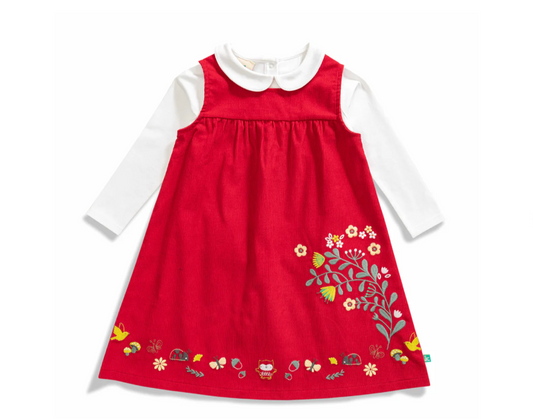 Juscubs - Corduroy Dungaree Dress and White Long Sleeve Set - Red Floral