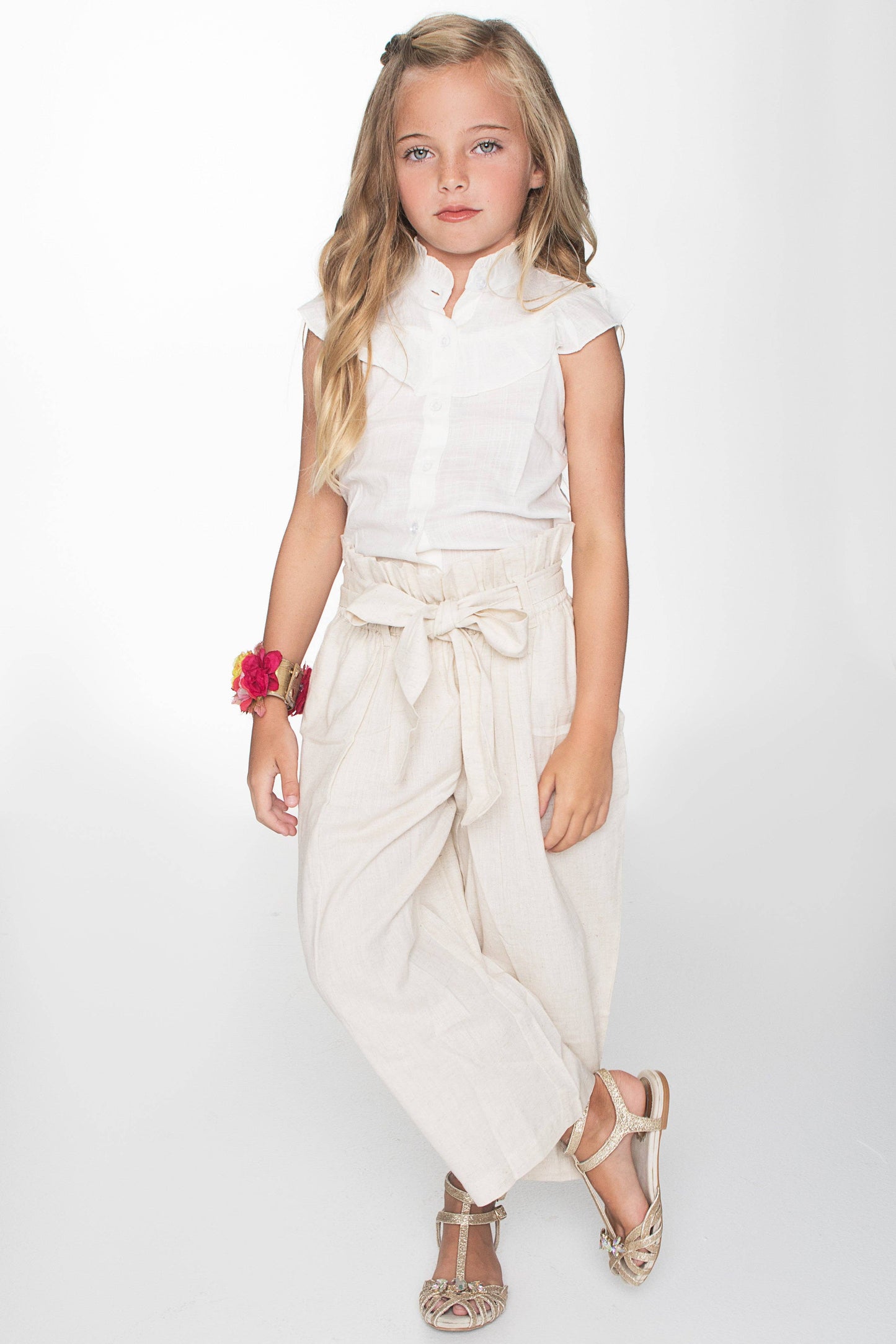 Yo Baby - White Frill Top and Paper Bag Beige Pants 2pc. Set