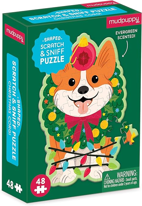 Mudpuppy - Evergreen Scented - Christmas Corgi 48 Piece Scratch and Sniff Shaped Mini Puzzle