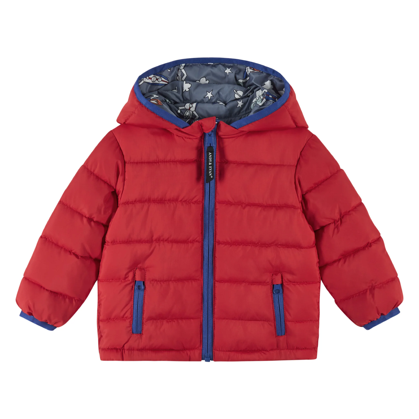 Red/Rocketships Reversible Hooded Puffer Jacket