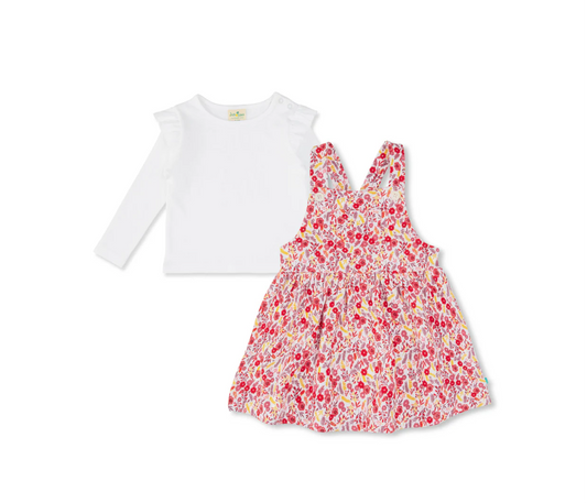 Juscubs - Floral Dungaree Dress and Basic White Long Sleeve Tee Set