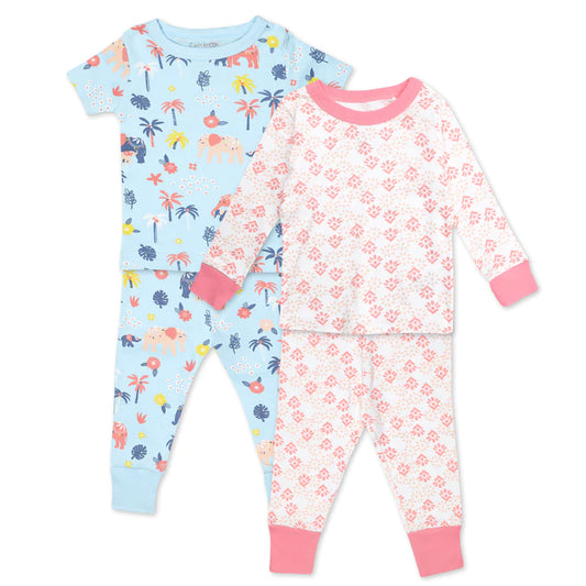 4-Piece Organic Cotton Pajama Set in Elephant Blooms Print; Mac and Moon; DS22M1777; DS22M1786