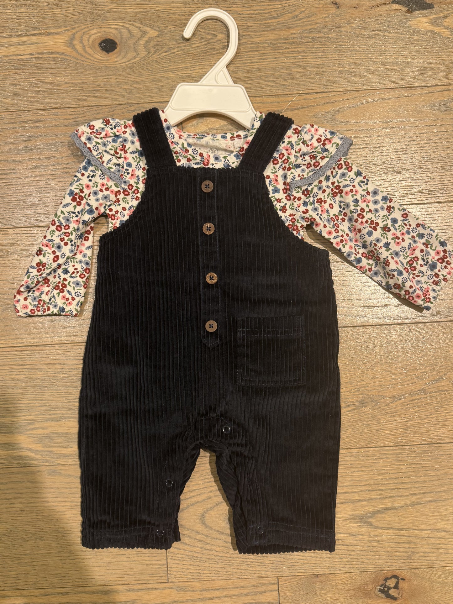 Oliver and Rain -   Navy Blue Corduroy Overalls & Floral Long Sleeve