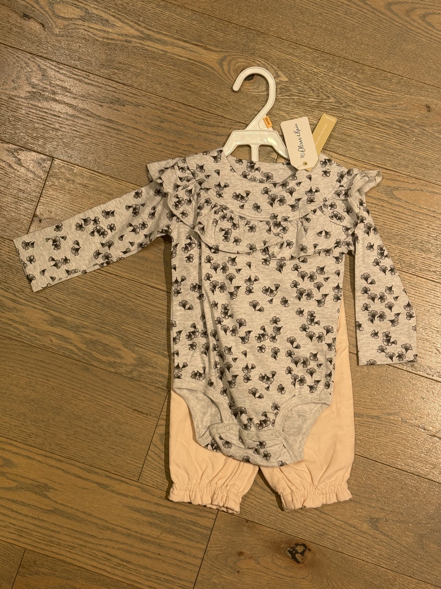 Oliver and Rain - Grey Ruffle Floral Bodysuit & Pink Corduroy Pants