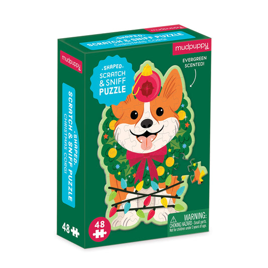 Christmas Corgi - Scratch and Sniff Shaped Mini Puzzle - Evergreen Scented