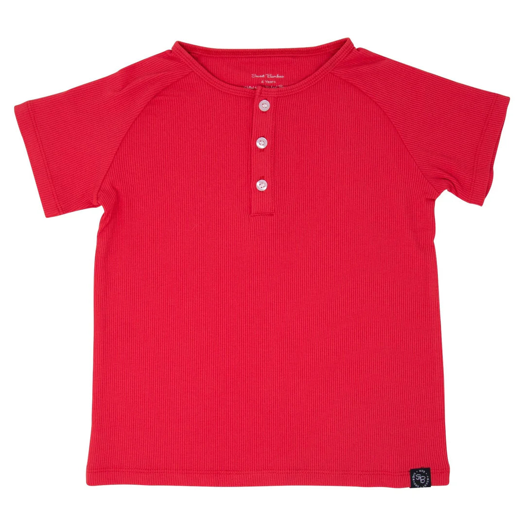 Sweet Bamboo - Short Sleeve Ribbed Henley - Lollipop Red