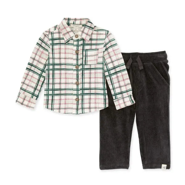 Burt's Bees - Plaid Button Down Top and Raised Rib Pant Set