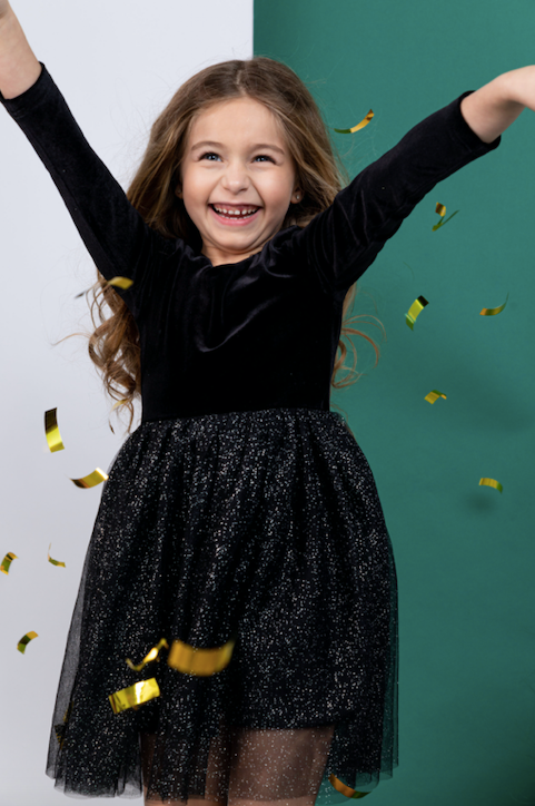 Bird & Bean® - Kids Christmas Dress - Girls Black Velvet Holiday Dress