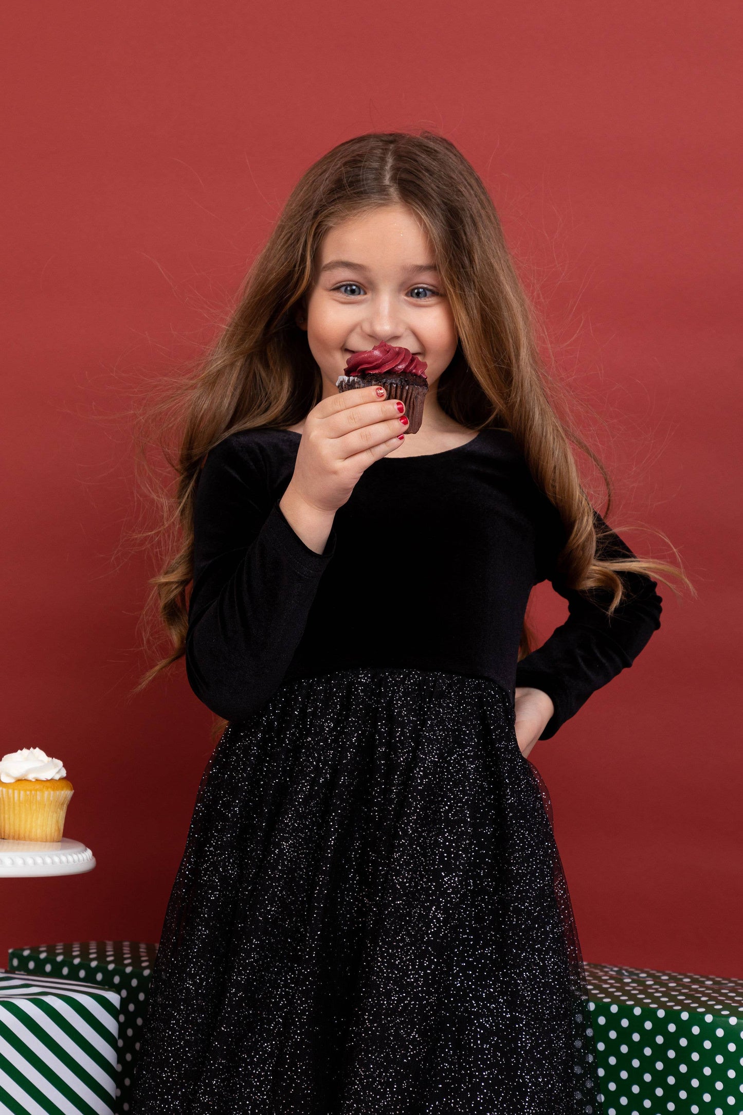 Bird & Bean® - Kids Christmas Dress - Girls Black Velvet Holiday Dress