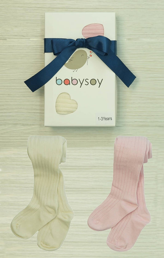 Babysoy - Ribbed Tights - Set of 2 - Pink & White