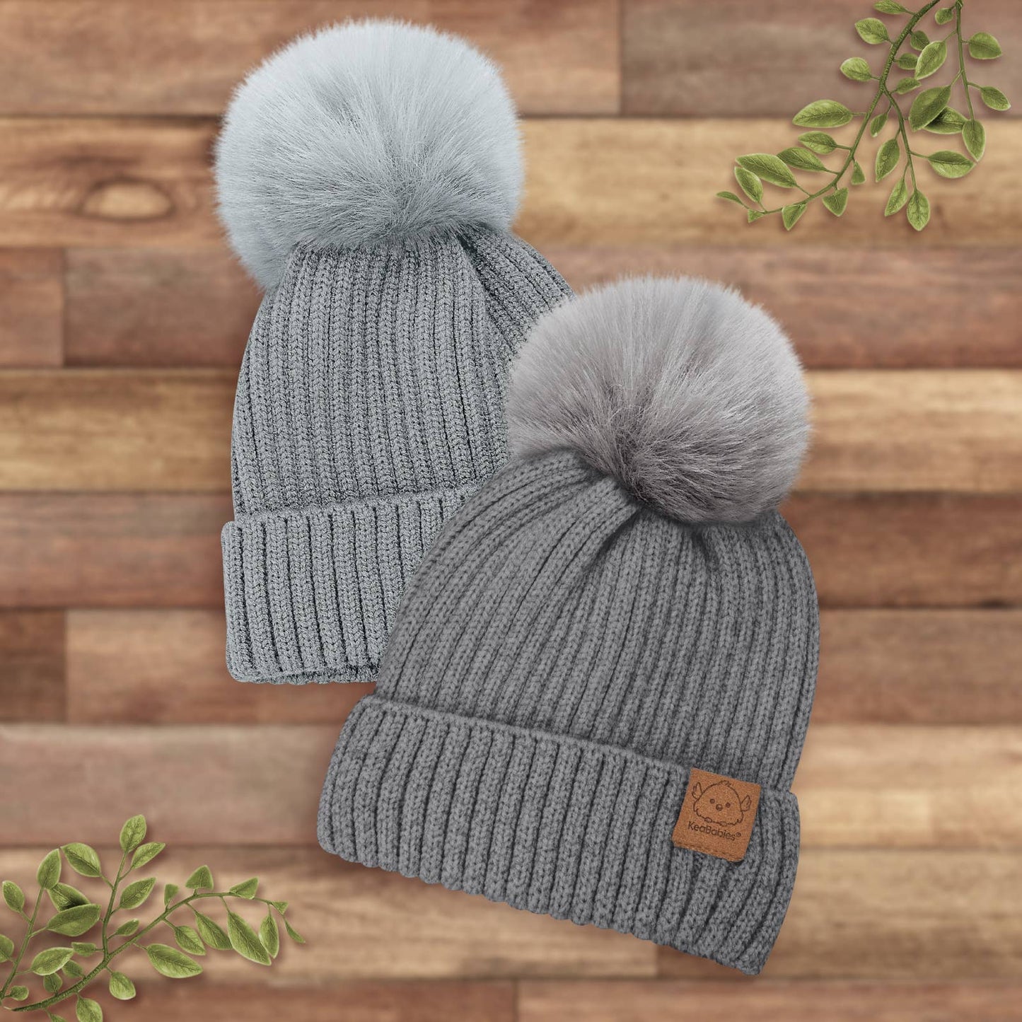 KeaBabies 2-Pack Pom Knitted Beanie: Steel