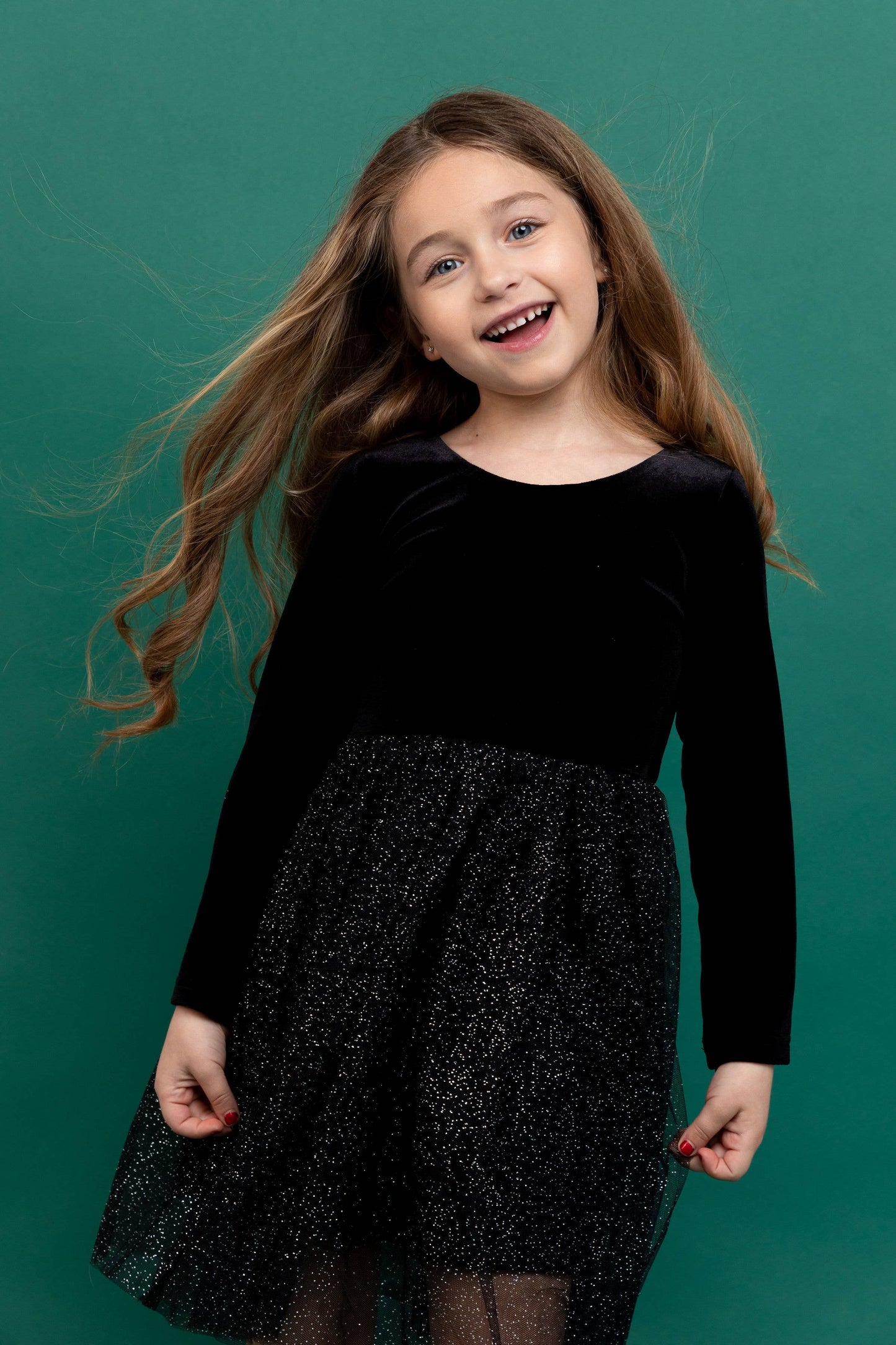 Bird & Bean® - Kids Christmas Dress - Girls Black Velvet Holiday Dress