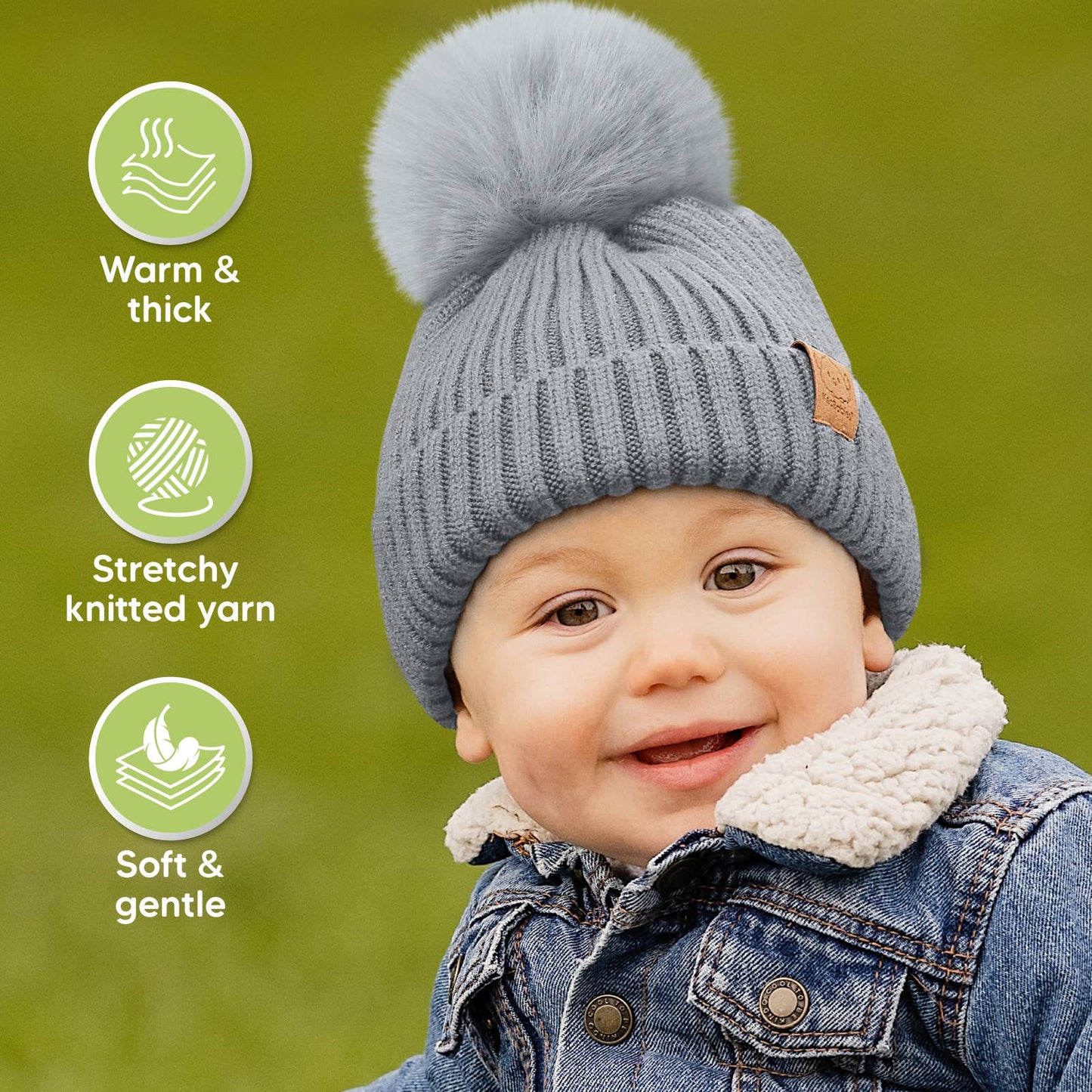 KeaBabies 2-Pack Pom Knitted Beanie: Steel