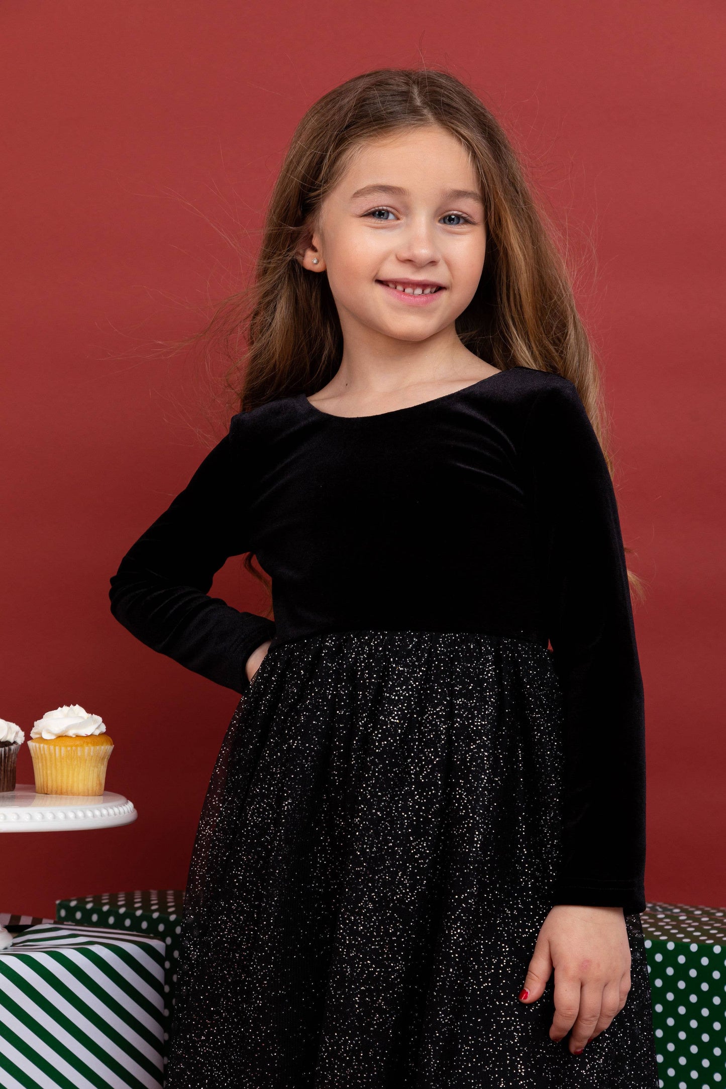 Bird & Bean® - Kids Christmas Dress - Girls Black Velvet Holiday Dress