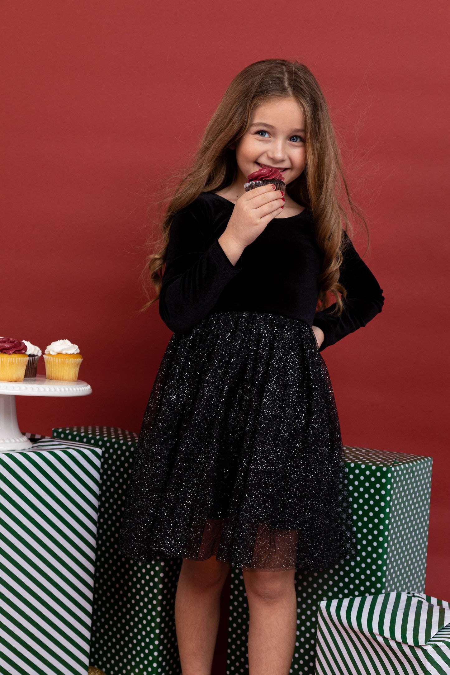 Bird & Bean® - Kids Christmas Dress - Girls Black Velvet Holiday Dress