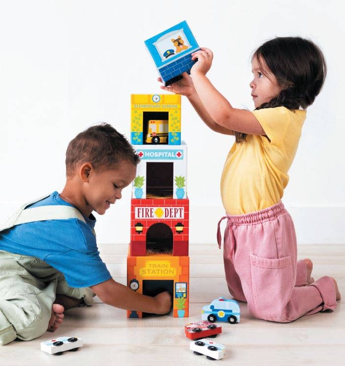 OOLY - Stackables Nested Cardboard Toys & Cars Set : Rainbow Town