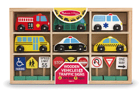 Wooden Vehicles & Traffic Signs: 6 Cars and 9 Signs