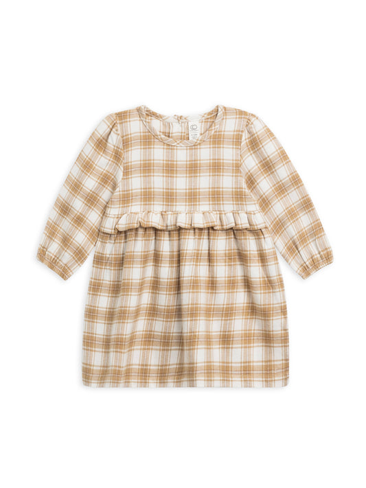 Sydney Flannel Ruffle Dress - Latte Plaid