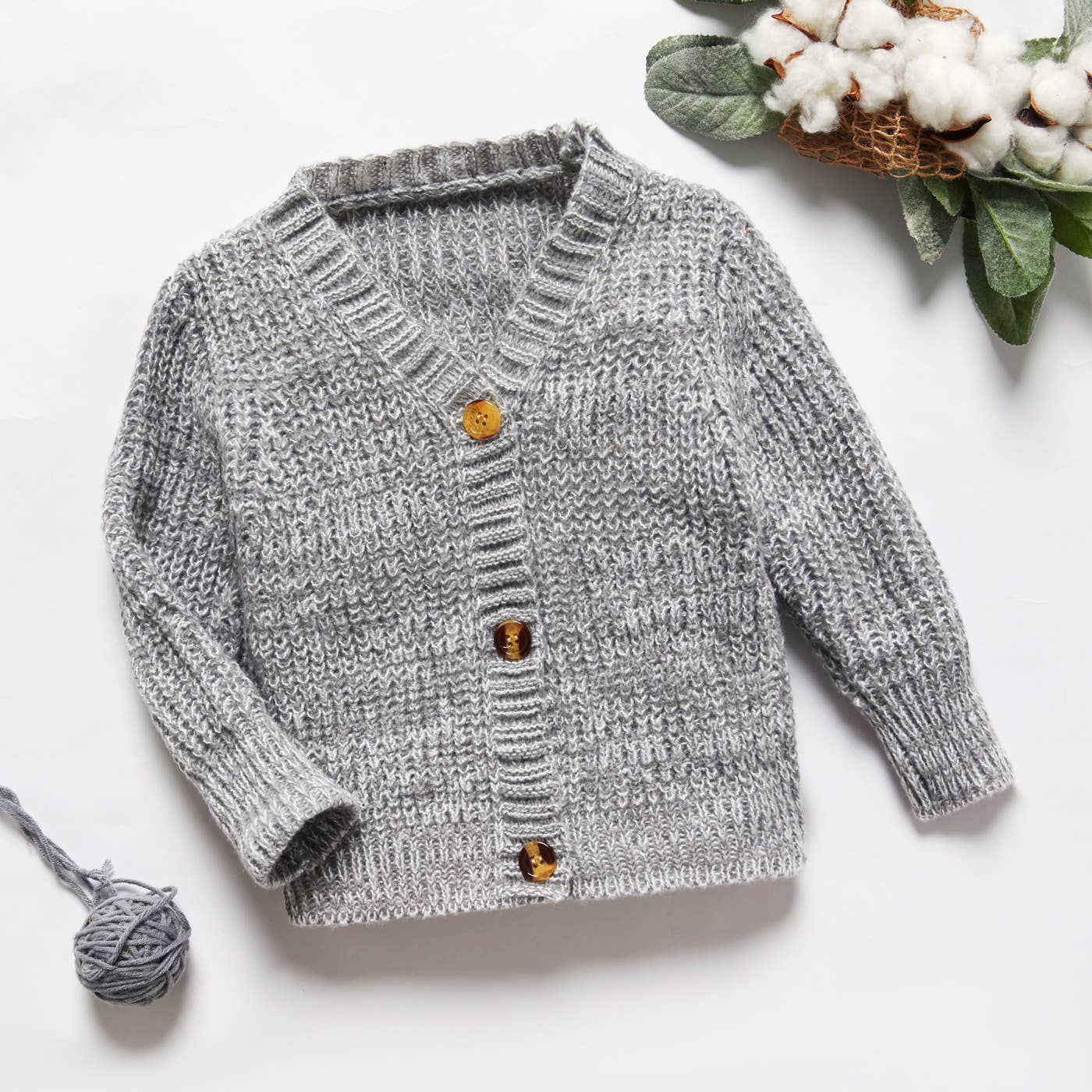 PatPat - Toddler Boy Solid Color Button and Floral Texture Sweater