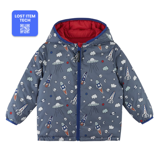 Red/Rocketships Reversible Hooded Puffer Jacket