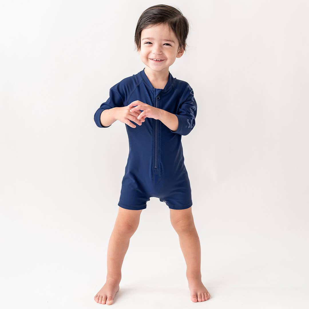 RuffleButts - Boys' Navy Long Sleeve One Piece Rash Guard