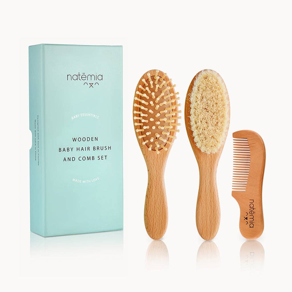 Natemia - Wooden Baby Hair Brush Set With Natural Bristles