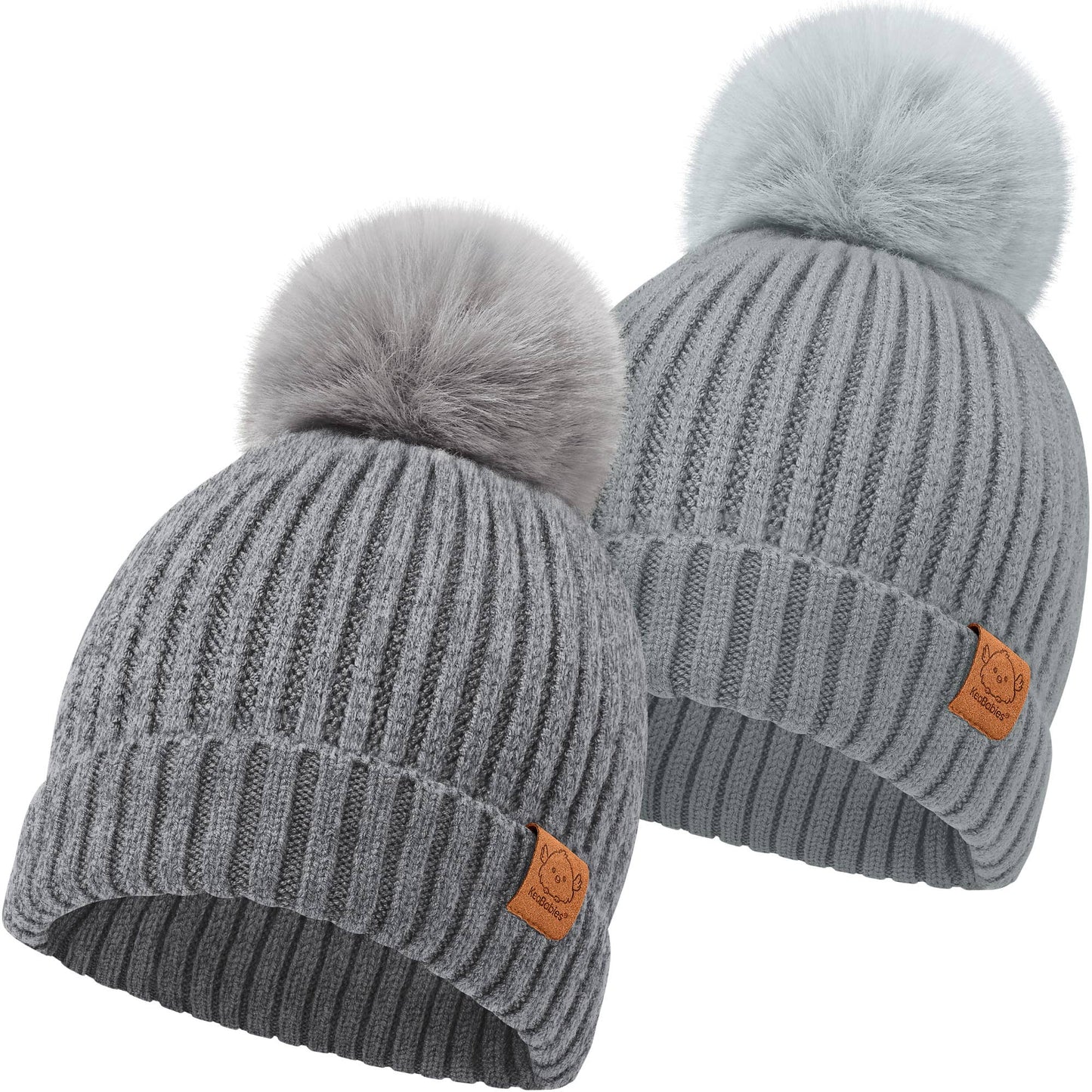 KeaBabies 2-Pack Pom Knitted Beanie: Steel